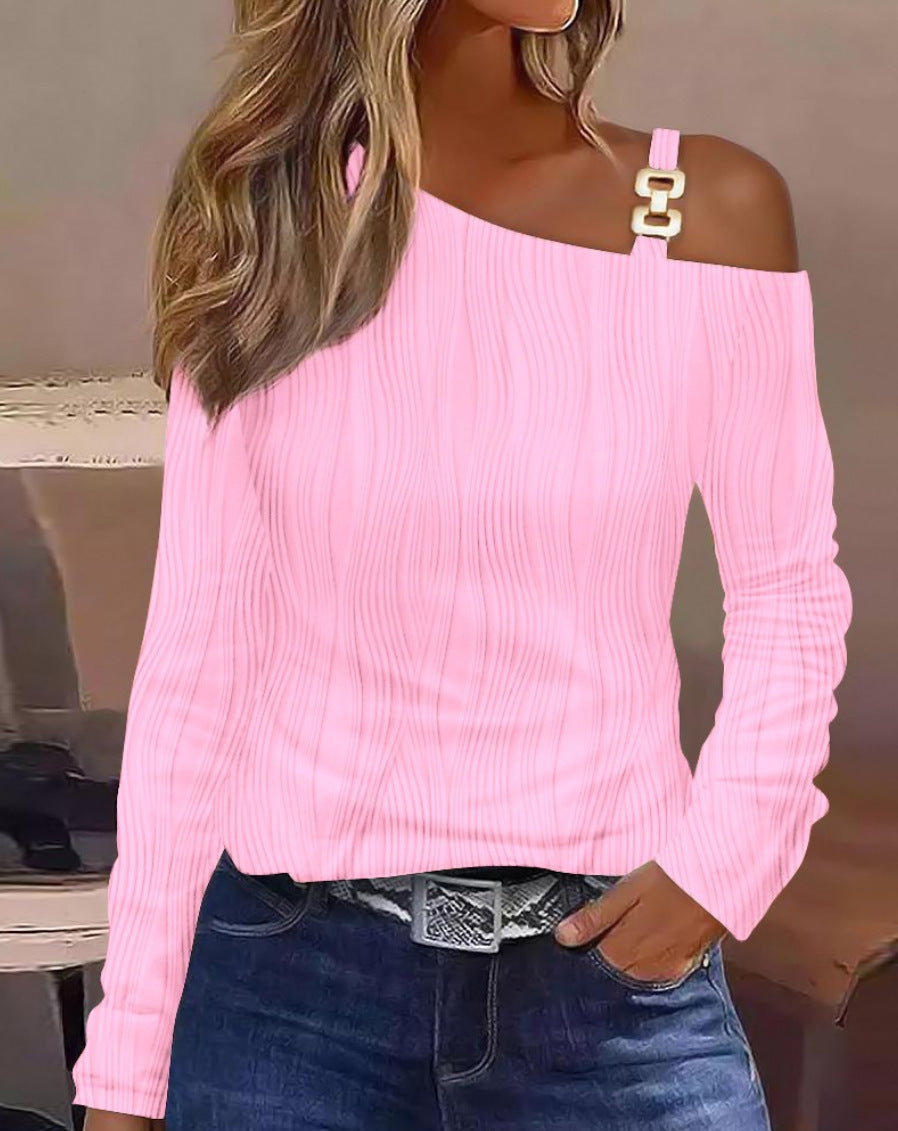 Animal Print Long Sleeve Top with Oblique Collar and Metal Buckle