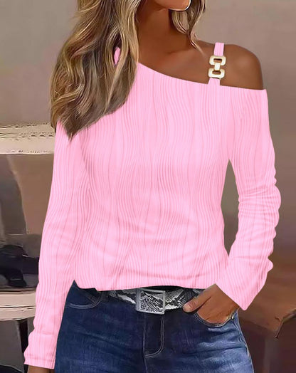 Animal Print Long Sleeve Top with Oblique Collar and Metal Buckle