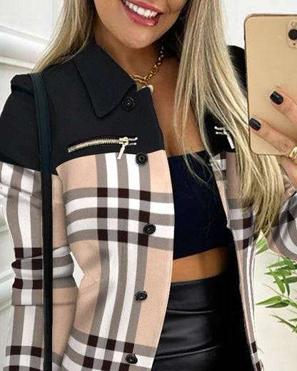 Geometric Pattern Shacket with Color Block and Lapel Collar