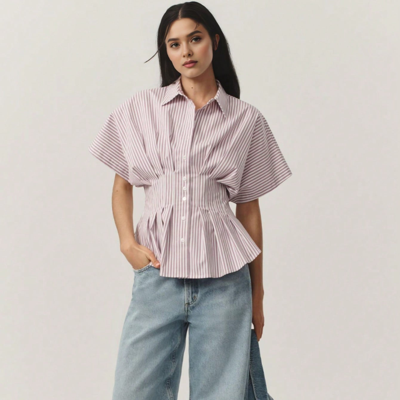 Striped Peplum Button-Down Shirt with Dolman Sleeves