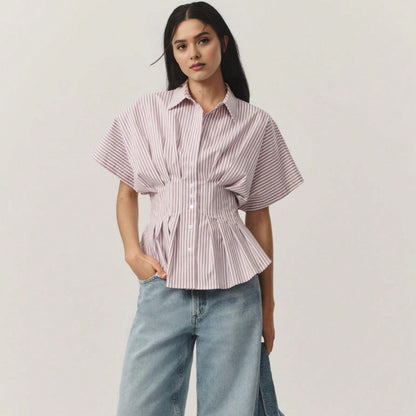 Striped Peplum Button-Down Shirt with Dolman Sleeves