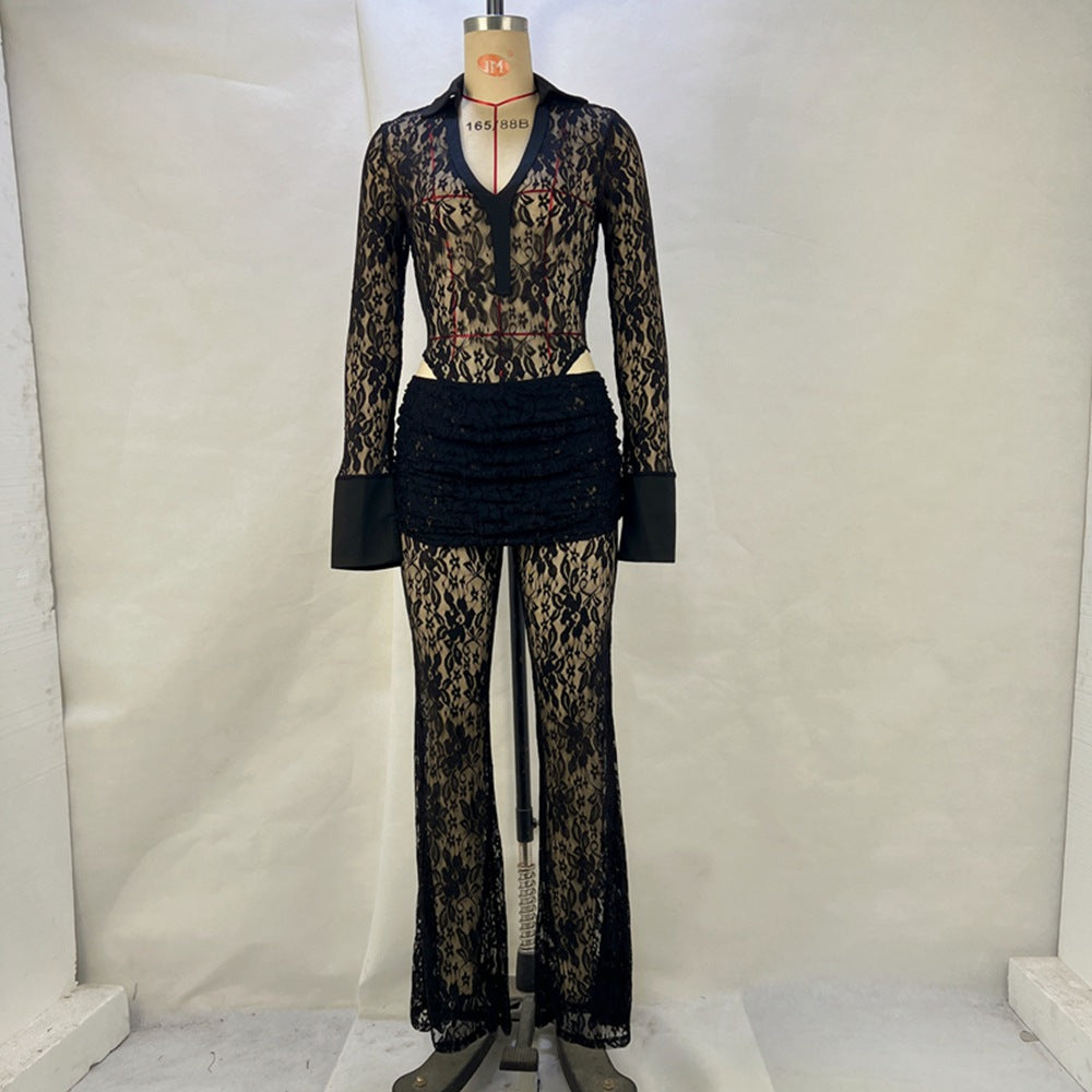 Sheer Lace Two-Piece Set with Flared Trousers and V-Neck Top