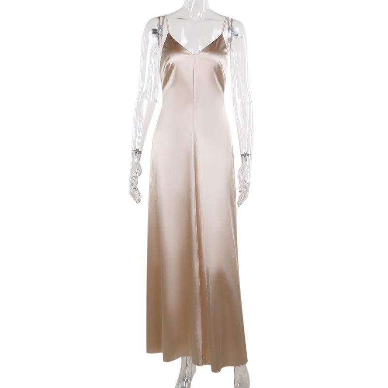 Satin Maxi Slip Dress with V-Neck and Backless Detail