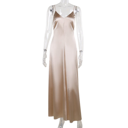 Satin Maxi Slip Dress with V-Neck and Backless Detail