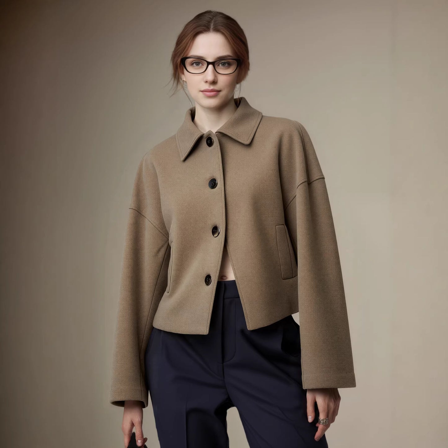 Loose Cropped Jacket in Warm Polyester Blend