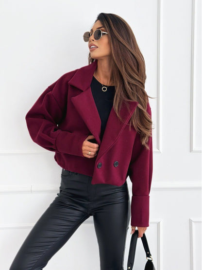 Cropped Woolen-Look Coat with Notched Lapel and Gathered Cuffs