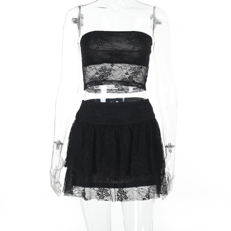 Lace Tube Top and Ruffled Mini Skirt Two-Piece Set