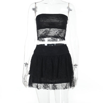Lace Tube Top and Ruffled Mini Skirt Two-Piece Set