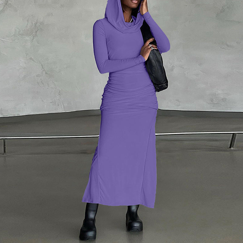 Solid Hooded Bodycon Maxi Dress with Long Sleeves