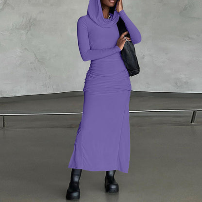 Solid Hooded Bodycon Maxi Dress with Long Sleeves
