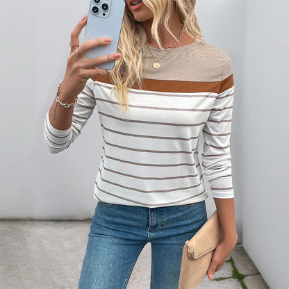 Color Block Striped Long-Sleeve Top with Loose Fit