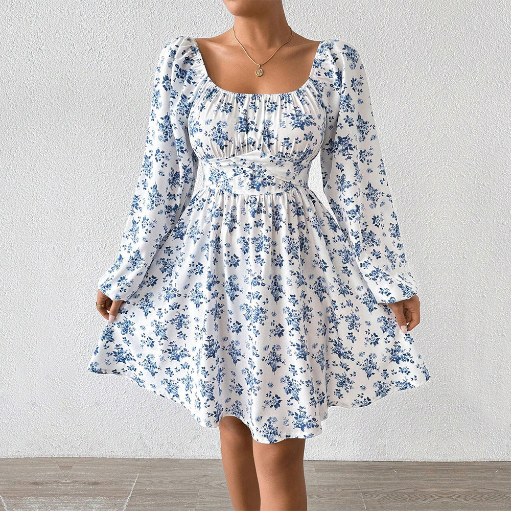 Floral A-Line Mini Dress with Square Neck and Long Sleeves
