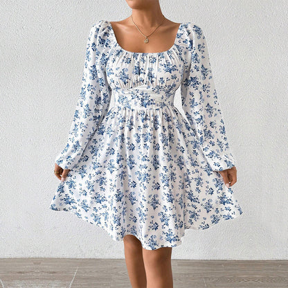 Floral A-Line Mini Dress with Square Neck and Long Sleeves