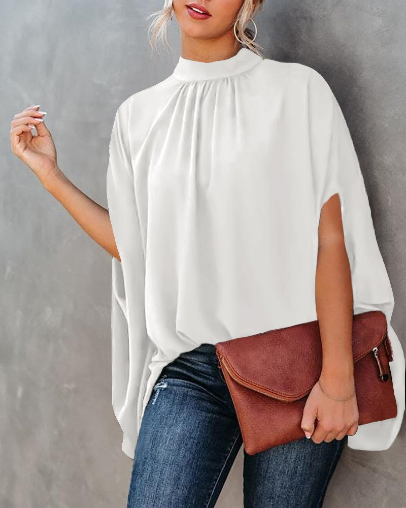 Loose Letter Print Blouse with Mock Neck and Cape Sleeves