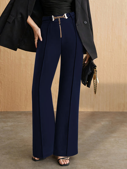 High-Waist Straight Trousers with Front Seam and Chain Belt