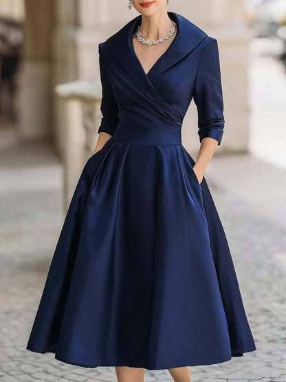 A-Line Midi Dress with Shawl Collar and Cuffed 3/4 Sleeves
