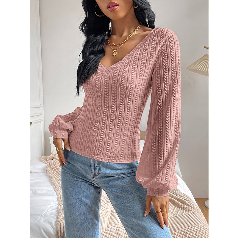 Textured Knit V-Neck Pullover with Puff Sleeves