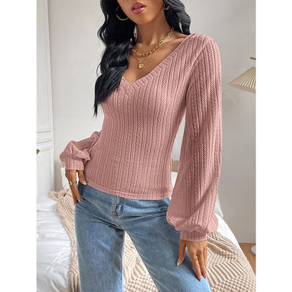 Textured Knit V-Neck Pullover with Puff Sleeves