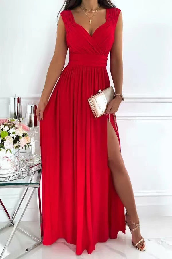 A-Line Maxi Dress with Ruched V-Neck and High Slit