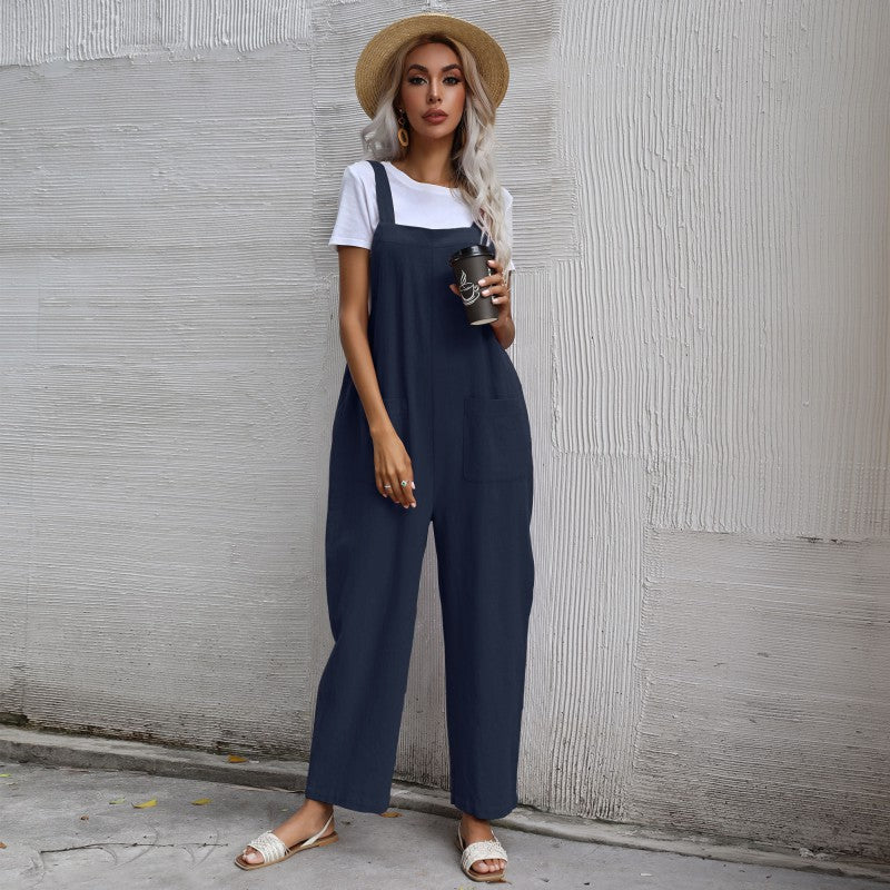 Loose Fit Cotton Linen Suspender Jumpsuit