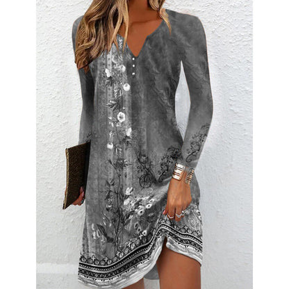 Mixed Floral Print Shift Dress with V-Neck Buttons