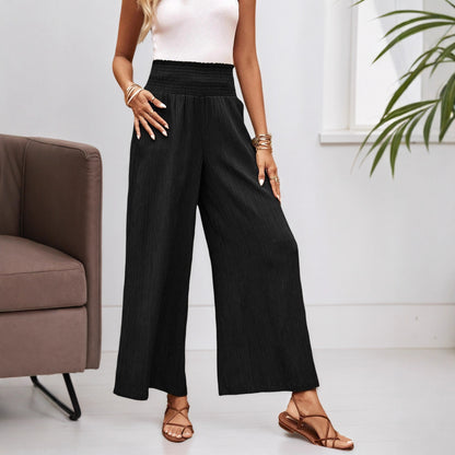 Textured Wide-Leg Trousers with Smocked High Waist