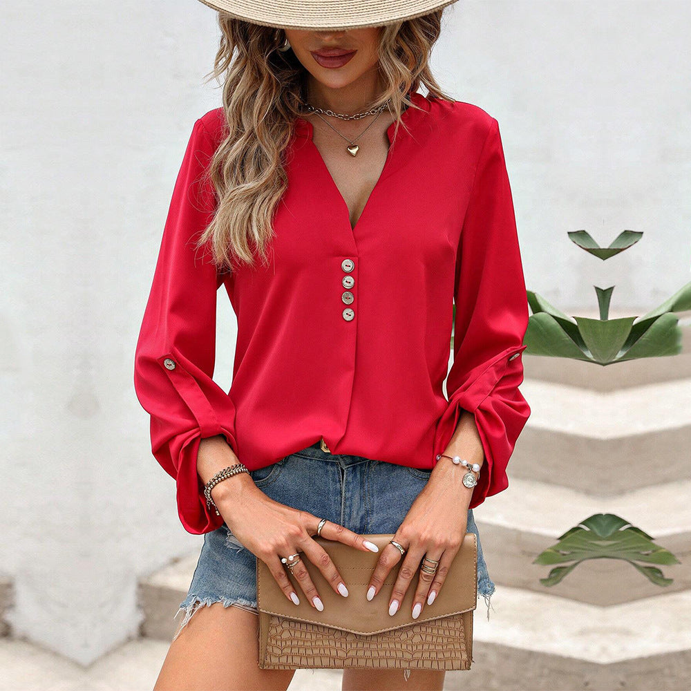 Loose V-Neck Blouse with Button Detail and Roll-Tab Sleeves