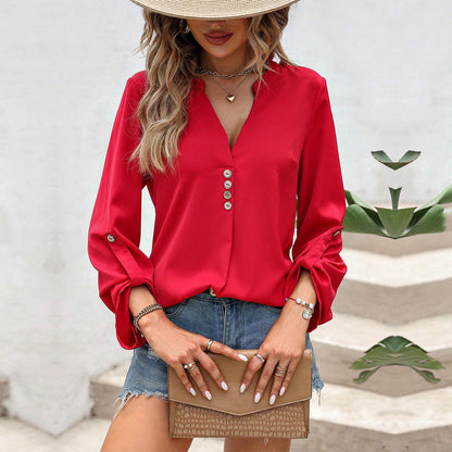 Loose V-Neck Blouse with Button Detail and Roll-Tab Sleeves