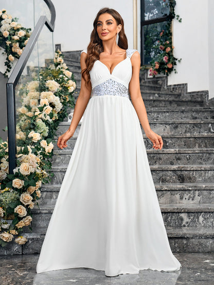 White A-Line Maxi Dress with Sequined Waist and V-Neck