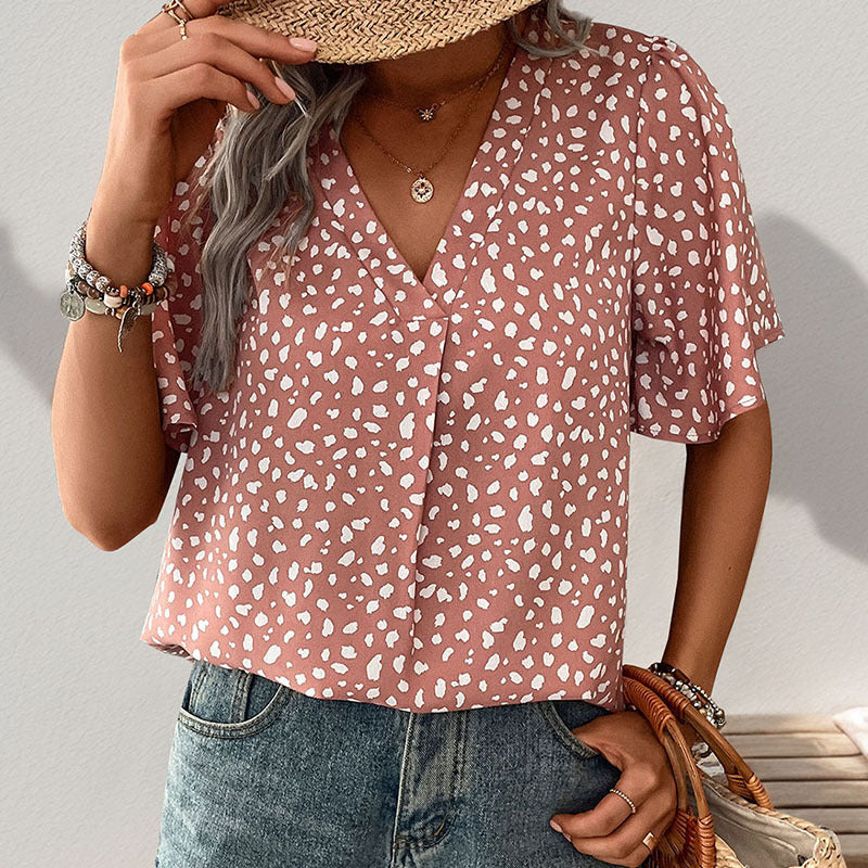 Leopard Print V-Neck Blouse with Short Sleeves
