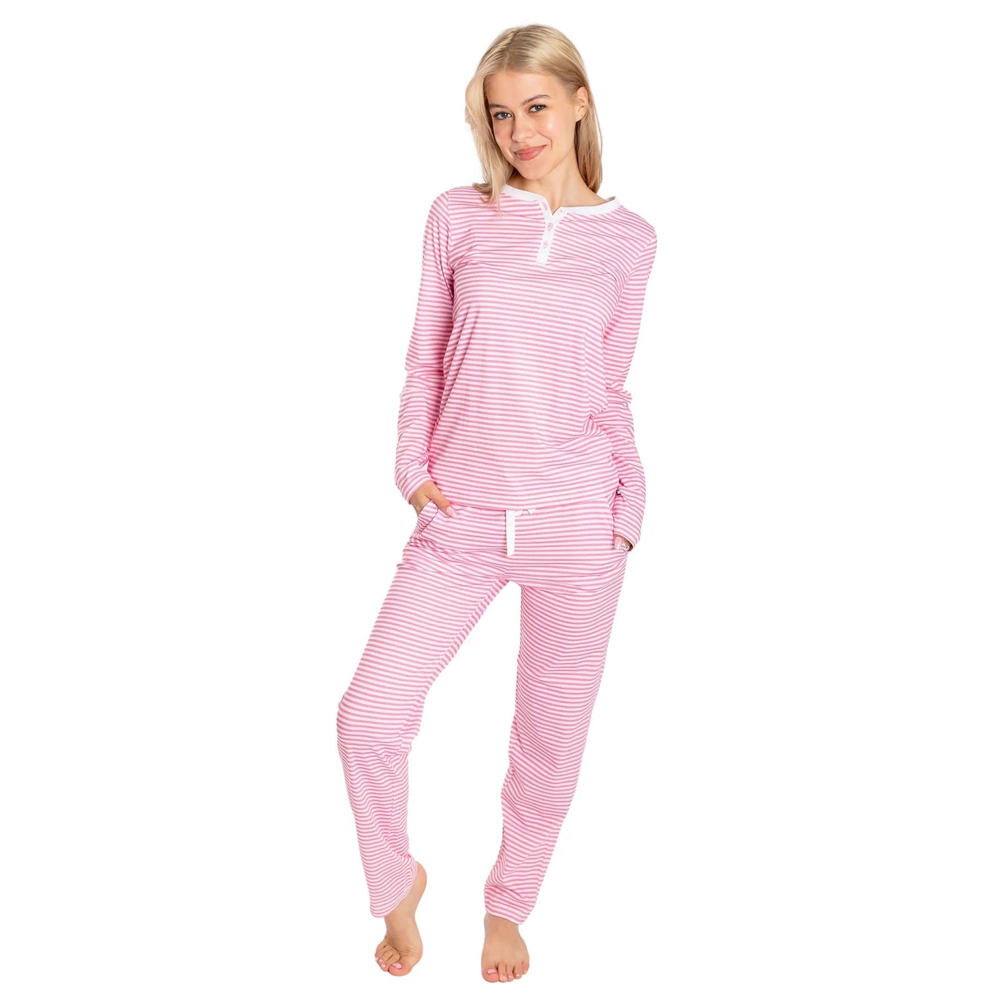 Striped Slim Fit Two-Piece Set with Henley Neck and Drawstring