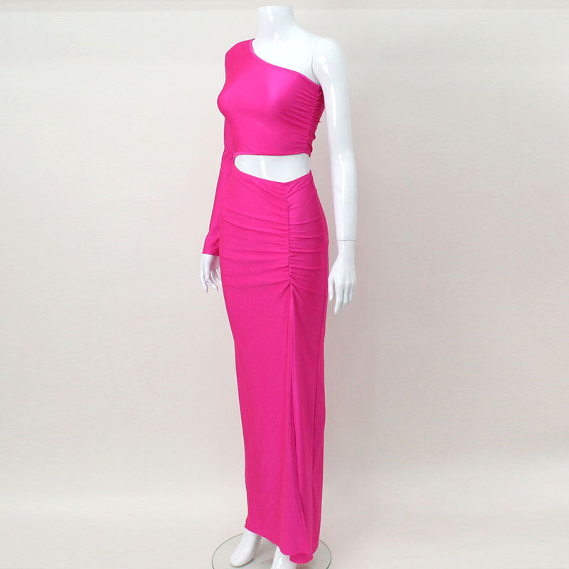 One-Shoulder Ruched Maxi Dress with Waist Cut-Out and High Slit