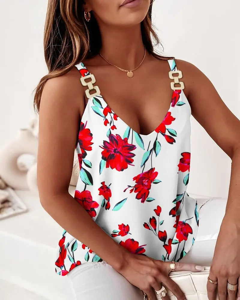 Geometric Print Camisole with Chain Straps and V-Neck