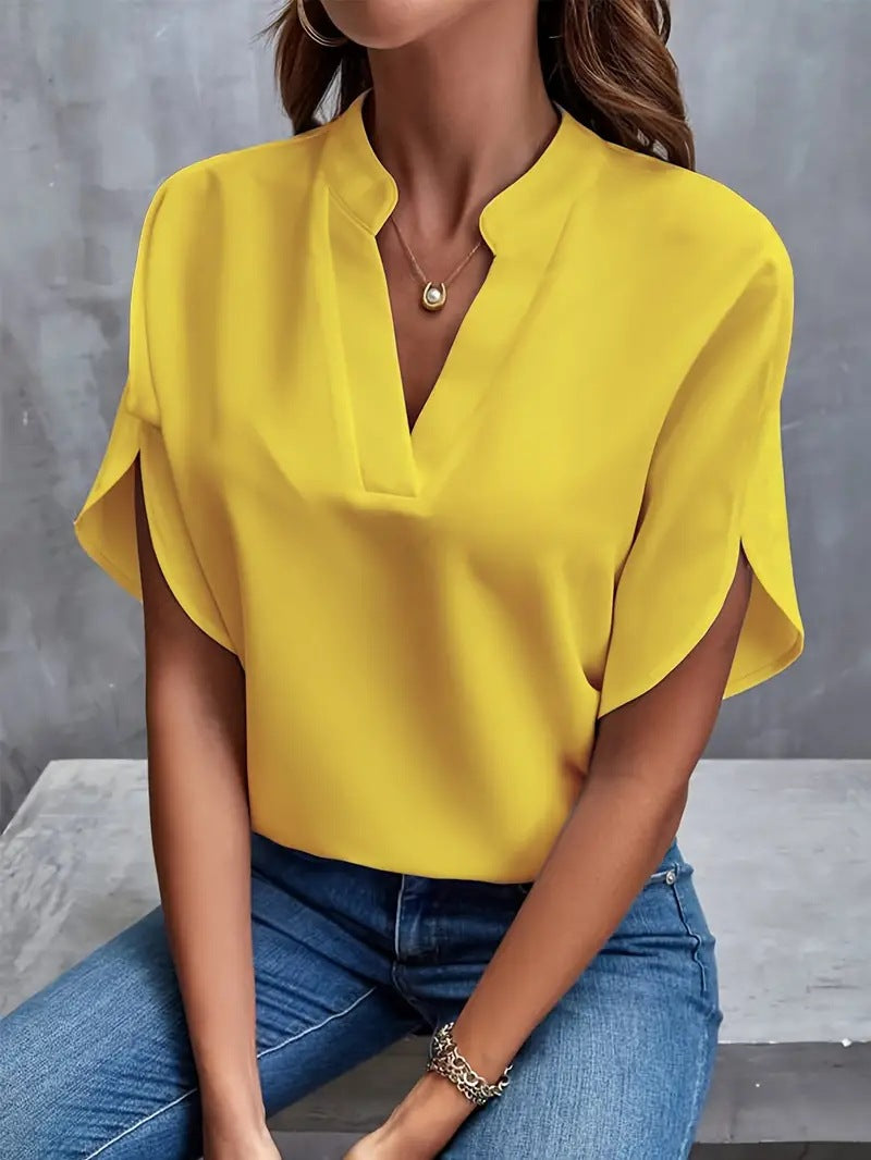 Solid Loose Blouse with Stand Collar V-Neck and Split Sleeves