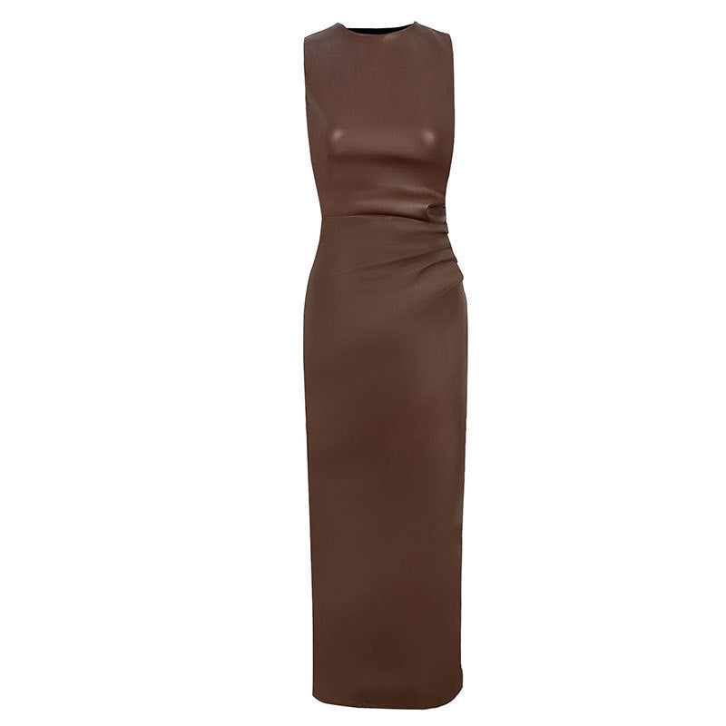 Bodycon Faux Leather Midi Dress with Ruched Side Detail
