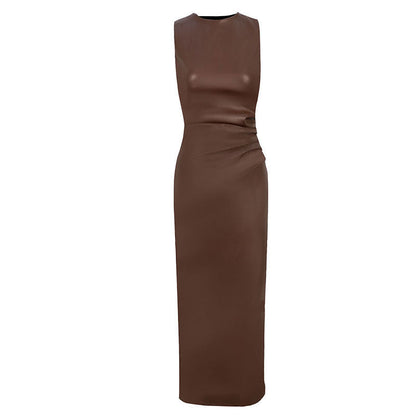 Bodycon Faux Leather Midi Dress with Ruched Side Detail