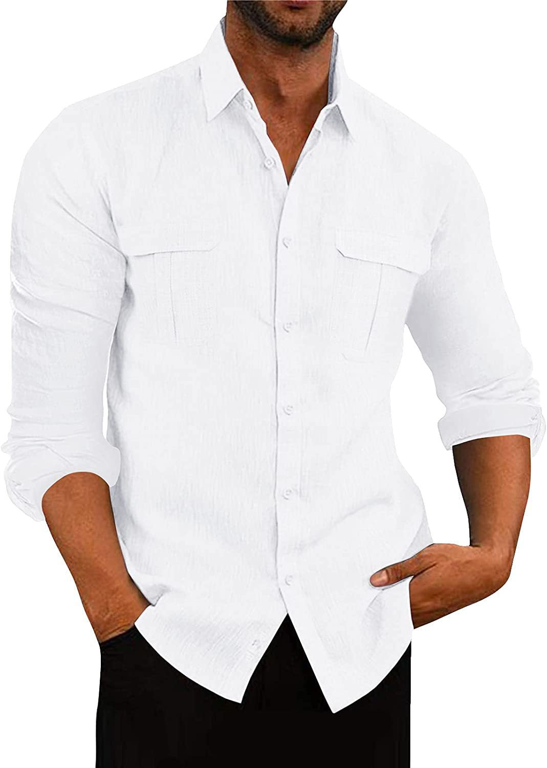 Solid Cotton Linen Shirt with Double Chest Pockets