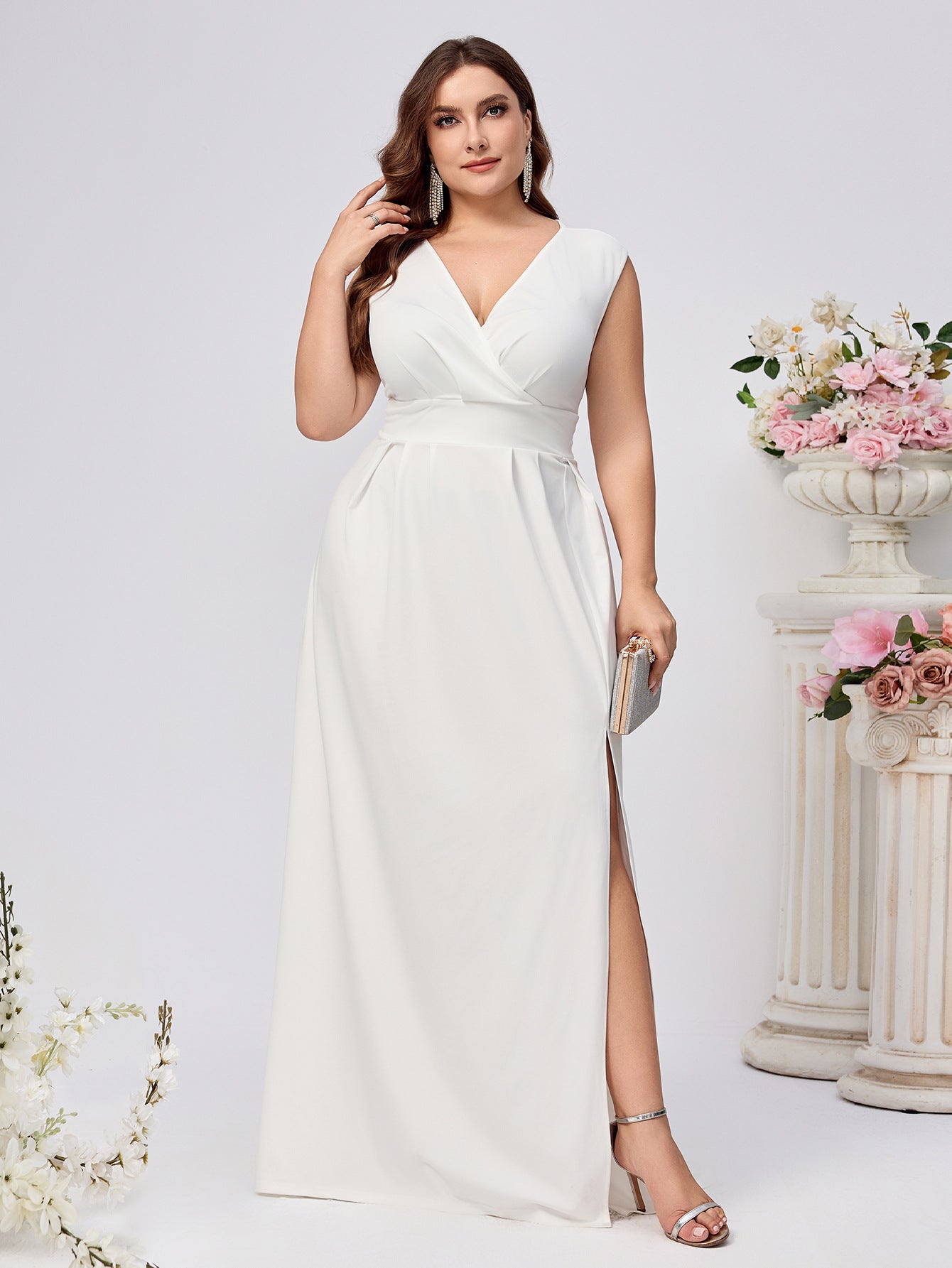 A-Line V-Neck Evening Gown with High Slit and Backless Detail