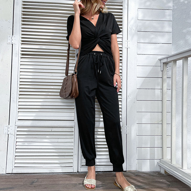 Solid Two-Piece Set with Twist-Front Top and Jogger Pants