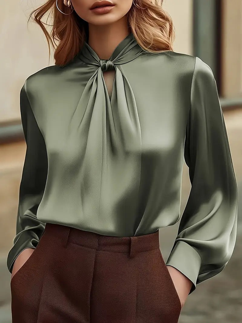 Solid Satin Blouse with Knotted Mock Neck and Gathered Front