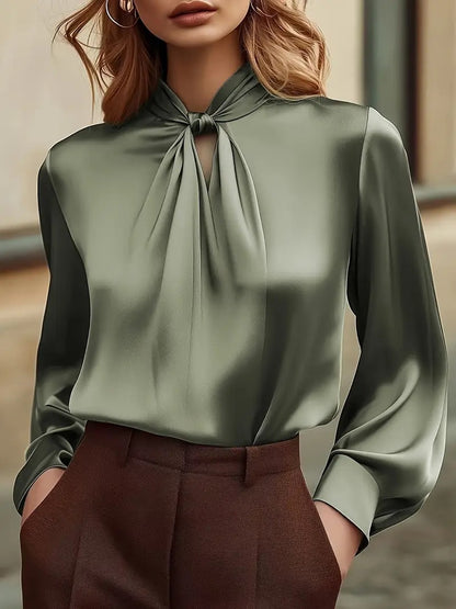Solid Satin Blouse with Knotted Mock Neck and Gathered Front