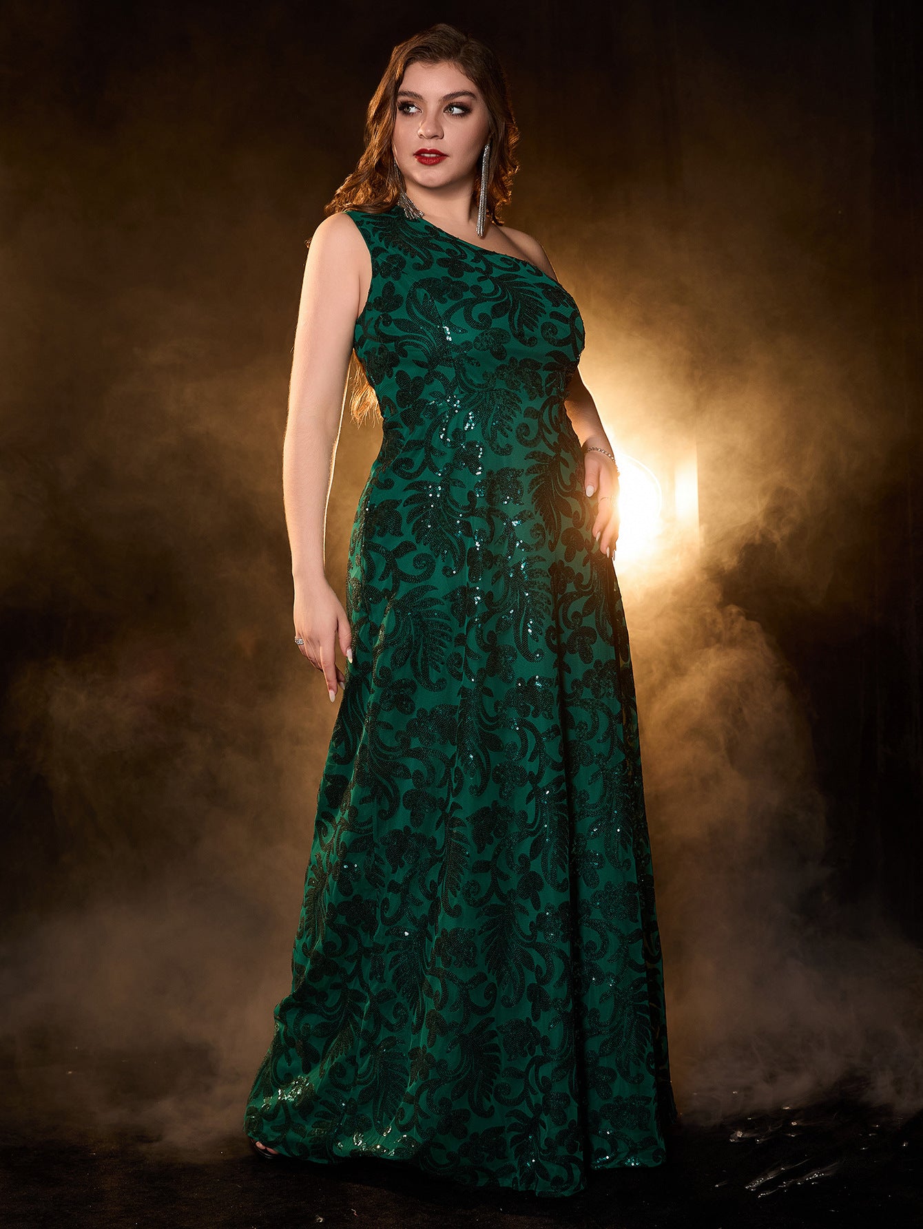Plus Size Sequined A-Line One-Shoulder Maxi Dress