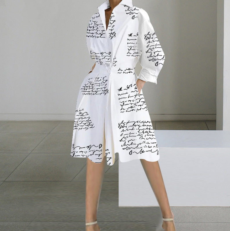 Printed A-Line Midi Dress with V-Neck and Long Sleeves