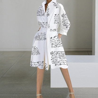 Printed A-Line Midi Dress with V-Neck and Long Sleeves