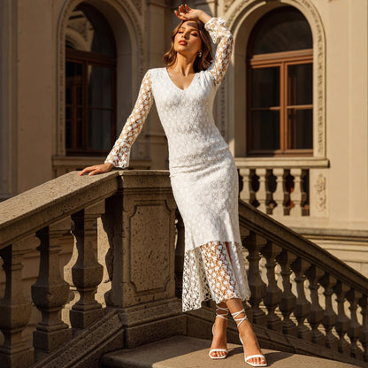 Lace Sheath Dress with V-Neck and Bell Sleeves