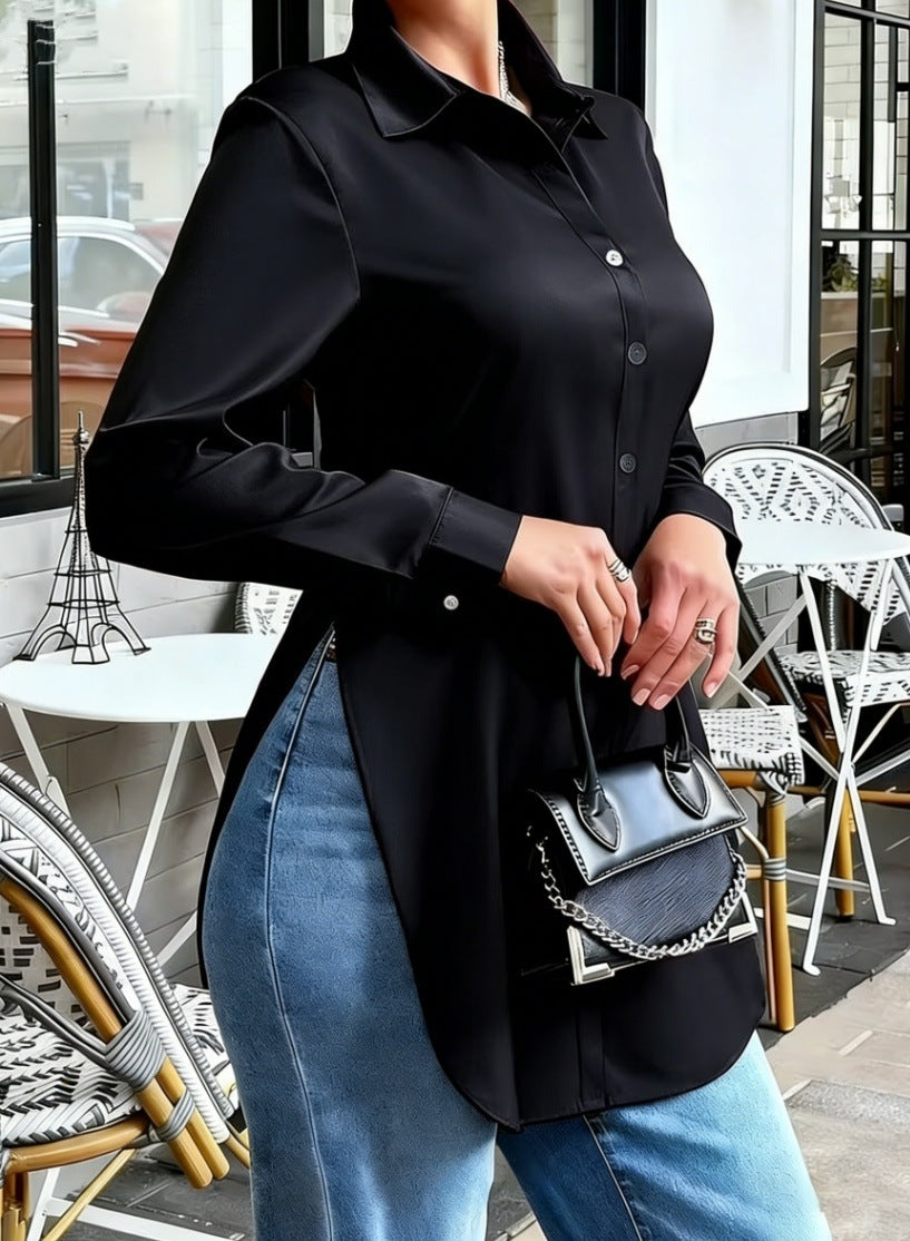 Slim Fit Satin-Look Button-Down Blouse with Split Hem