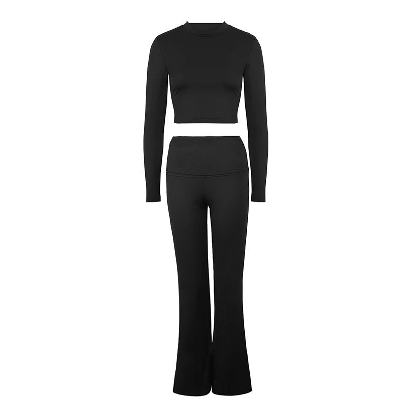 Solid Two-Piece Set with Cropped Top and High-Waist Flared Trousers