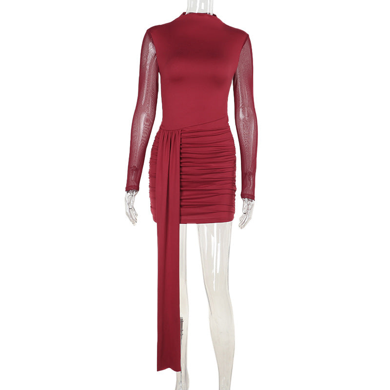 Ruched Bodycon Mini Dress with Mesh Sleeves and Side Drape