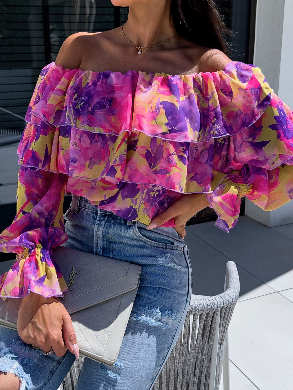 Floral Print Off-Shoulder Blouse with Ruffled Long Sleeves