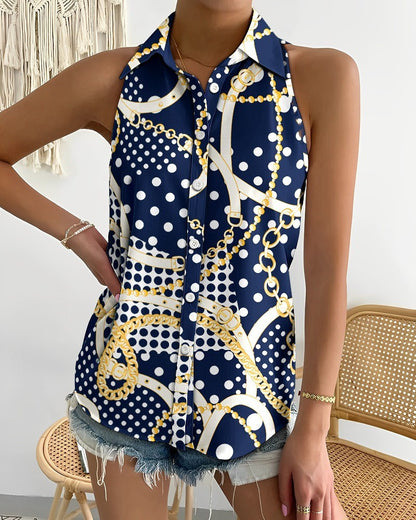 Abstract Print Halter Top with Collared Button Front